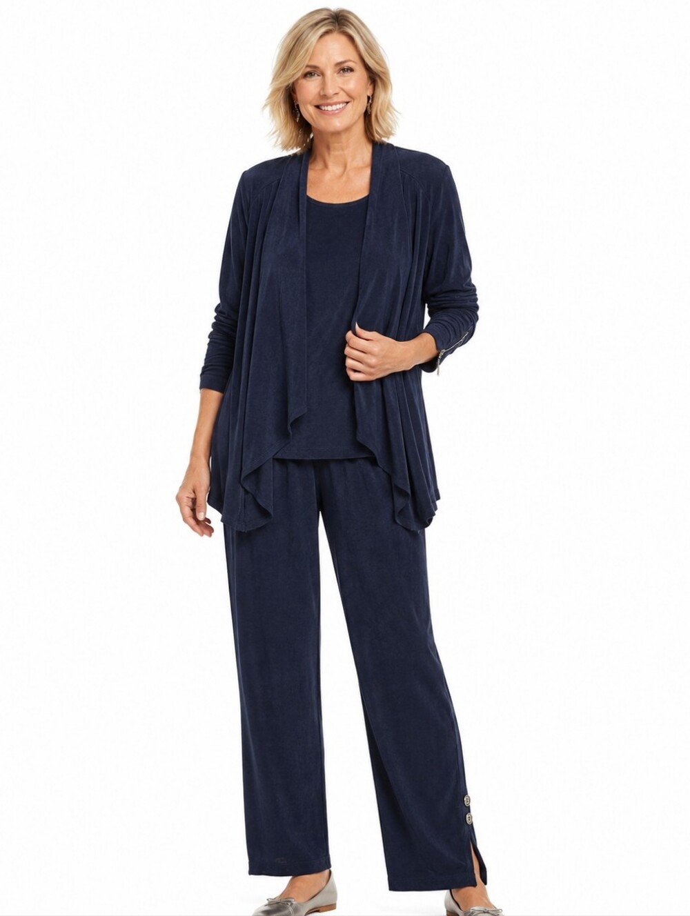 Chico’s Travelers 3 Piece Navy Travel Knit Set Cardigan Top Pants Zip Sleeves XL